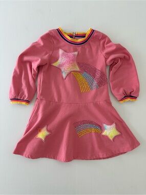 Baby Sara Girls Long Sleeve Pink Dress With Rainbows And Stars, 3T, Rhinestones